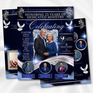 May include: A navy blue flyer celebrating 25 years of dedicated ministry. The flyer features a photo of a couple, the pastor and his wife, and includes details such as the date, time, and guest speakers. The design incorporates doves and decorative elements.