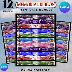 Puede incluir: Un paquete de plantillas con 12 diseños de cintas conmemorativas. Cada diseño de cinta incluye espacio para una foto, nombre, fechas y texto conmemorativo. Los diseños son editables en Canva y presentan una variedad de combinaciones de colores y diseños.