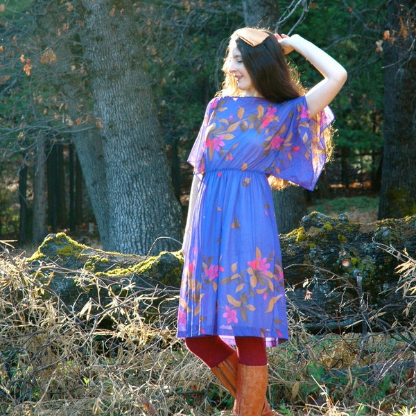 1970s/1980s Sheer Floral Dress... Purple Floral Dress... AMETHYST (s/m)