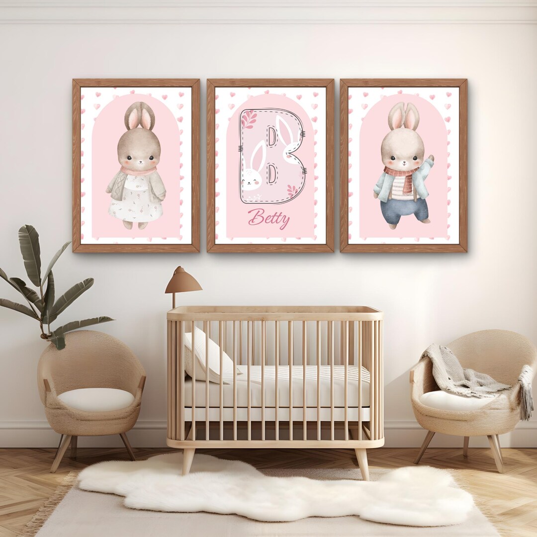 Set of 3 Bunny Nursery Wall Art Print, Custom Name Wildflowers ...