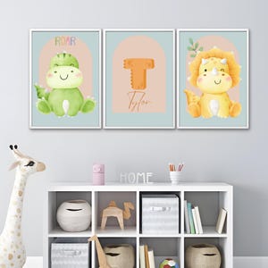 Custom Dinosaur Prints Set of 3 Nursery Wall Art Printable Poster Initial Name Personalized Gift Baby Dino Boys Girls Room, Digital Download