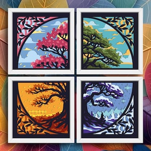 Arbre des quatre saisons 3D Shadow Box Fichiers SVG pour projets Cricut, cadeau personnalisé fait main, bricolage amateur fichier 3D SVG couches papier découpé, arbres 3D