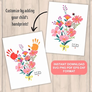 Valentine Mother's Day Craft Handprint Art Birthday Activity Floral Bouquet Grandma Flower DIY Kids Children Toddler Baby Printable Keepsake