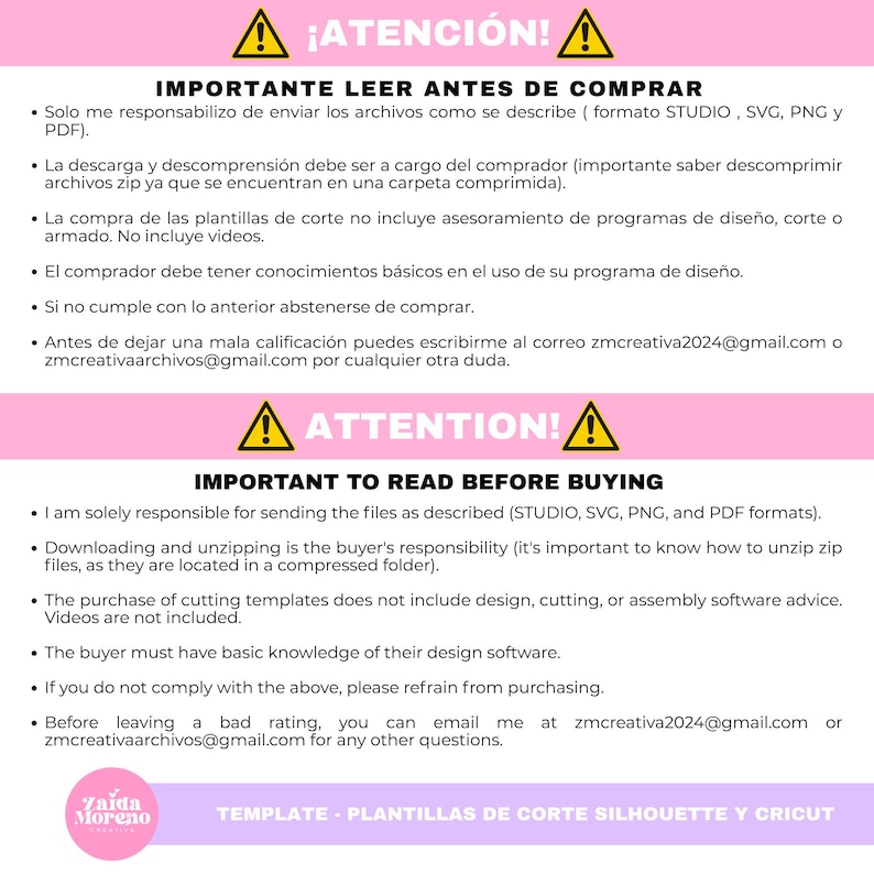 May include: A pink and white graphic with text in Spanish and English, including "&iexcl;ATENCI&Oacute;N!" and "ATTENTION!" with a warning symbol. The text provides important information about purchasing digital cutting templates, including file formats and buyer responsibilities.