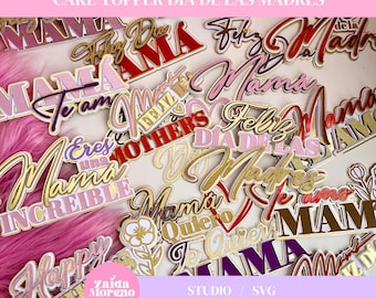 Könnte beinhalten: Eine Sammlung bunter Tortendekorationen mit verschiedenen Sätzen auf Spanisch, darunter "Feliz Dia de las Madres", "Mama" und "Te Amo". Die Dekorationen sind aus Papier und haben eine goldene Glitzer-Oberfläche.
