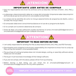 Peut inclure: Graphique rose et blanc avec du texte en anglais et en espagnol, dont "ATTENTION!" et "IMPORTANT TO READ BEFORE BUYING." L'image fournit des instructions pour les achats de fichiers num&eacute;riques, y compris les formats de fichiers et les responsabilit&eacute;s de l'acheteur.