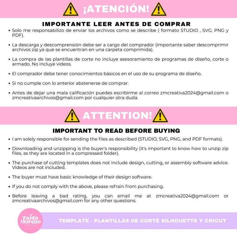 Peut inclure: Graphique rose et blanc avec du texte en anglais et en espagnol, dont "ATTENTION!" et "IMPORTANT TO READ BEFORE BUYING." L'image fournit des instructions pour les achats de fichiers num&eacute;riques, y compris les formats de fichiers et les responsabilit&eacute;s de l'acheteur.
