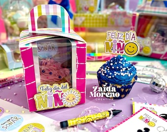 Boîte à cupcakes/mini cupcakes/Fête des enfants/porte-cupcakes/motifs pour garçons et filles/modifiable/format numérique (SVG, PNG et PDF)