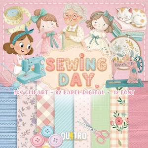 Sewing Day Digital Kit, Embroidery Clipart Bundle, Fabric Pattern Papers, Craft Fonts, PNG JPG Font Files, Instant Download