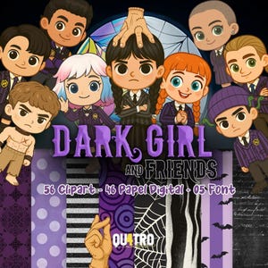 Peut inclure: Un graphique numérique présentant des personnages de dessins animés en uniformes scolaires avec le texte DARK GIRL AND FRIENDS, 56 Clipart, 46 Papel Digital, 05 Font et QU4TRO. Le fond montre des motifs violets et noirs, dont des pois et des toiles.