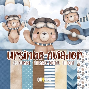 Può includere: Illustrazione ad acquerello con tre orsetti di peluche in tenuta da aviatore su uno sfondo di cielo nuvoloso. Un orso è in paracadute, un altro saluta e il terzo pilota un aereo blu. L'immagine include il testo "URSINHO-AVIADOR" e modelli di carta digitale.