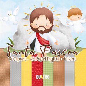 Pode incluir: Uma imagem digital com o texto "Santa Páscoa" e ilustrações de Jesus, um anjo e uma pomba. A imagem inclui vários fundos padronizados, como corações, pontos e desenhos de hachura cruzada. O texto diz "18 Clipart • 45 Papel Digital • 17 Font".