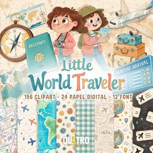 Puede incluir: Un conjunto gráfico digital titulado Little World Traveler que presenta dos niños de dibujos animados, una brújula, un pasaporte, un avión, maletas apiladas y patrones de viaje con mapas, globos terráqueos y billetes de avión, 156 imágenes prediseñadas, 24 papeles digitales y 12 fuentes.