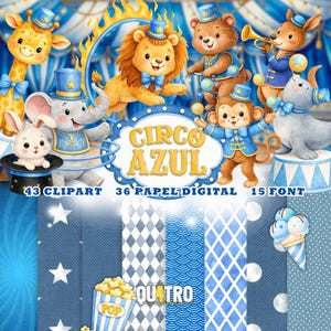 Kit digital de circo azul, paquete de imágenes prediseñadas de circo, papeles coordinados y fuentes instalables, PNG JPG, decoración para fiestas (descarga instantánea)