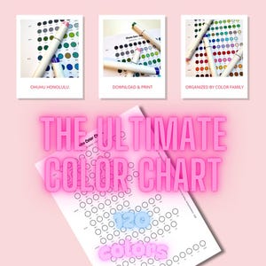 Op de afbeelding: Een printbare kleurenkaart voor 120 markers. De kaart is georganiseerd per kleurfamilie en bevat een sectie voor elke kleur. De kaart is gelabeld met "The Ultimate Color Chart".