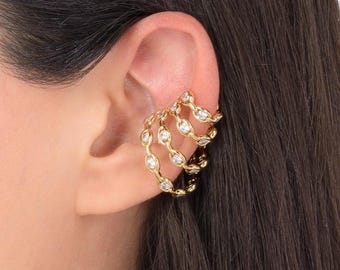 Pendientes Sin Perforación Ajustable Dorado Cadena Y Cristales | Oro 18K