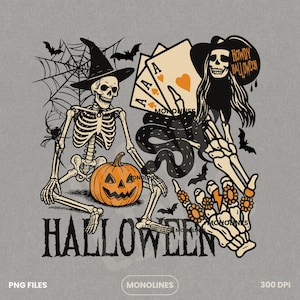 May include: Halloween-themed graphic with a skeleton wearing a witch hat, a jack-o'-lantern, playing cards, and a skeleton hand with rings. The word "HALLOWEEN" is at the bottom. Bats and a spider web are also included.