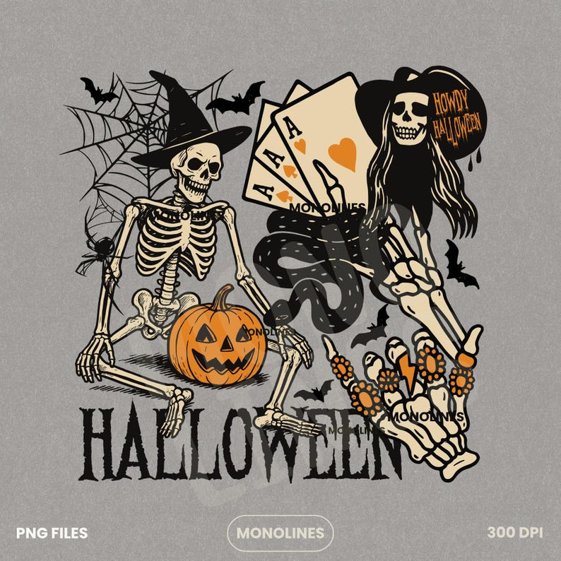 May include: Halloween-themed graphic with a skeleton wearing a witch hat, a jack-o'-lantern, playing cards, and a skeleton hand with rings. The word "HALLOWEEN" is at the bottom. Bats and a spider web are also included.