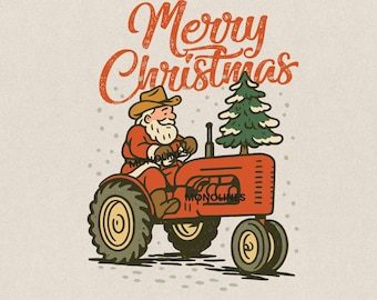 Funny Christmas Tractor PNG, Santa Claus Farm Clipart, Retro Holiday Farmer Shirt Design, Vintage Santa Driving Tractor Illustration