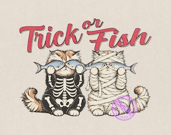 Dolcetto o pesca PNG, Divertente gatto di Halloween PNG, Gatto scheletro e design per maglietta gatto mummia, Carino spettrale download istantaneo