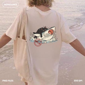 Funny summer cat PNG digital download, black cat riding great white shark vintage monoline design, 300 DPI transparent background, instant download for tshirt sublimation Cricut and cat lover gifts