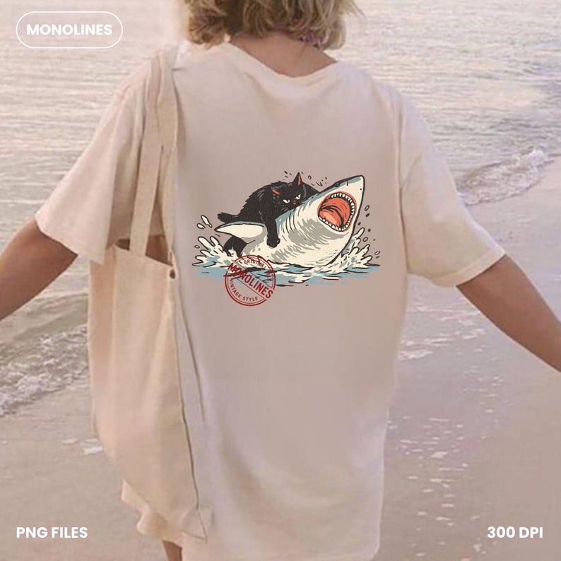 Funny summer cat PNG digital download, black cat riding great white shark vintage monoline design, 300 DPI transparent background, instant download for tshirt sublimation Cricut and cat lover gifts