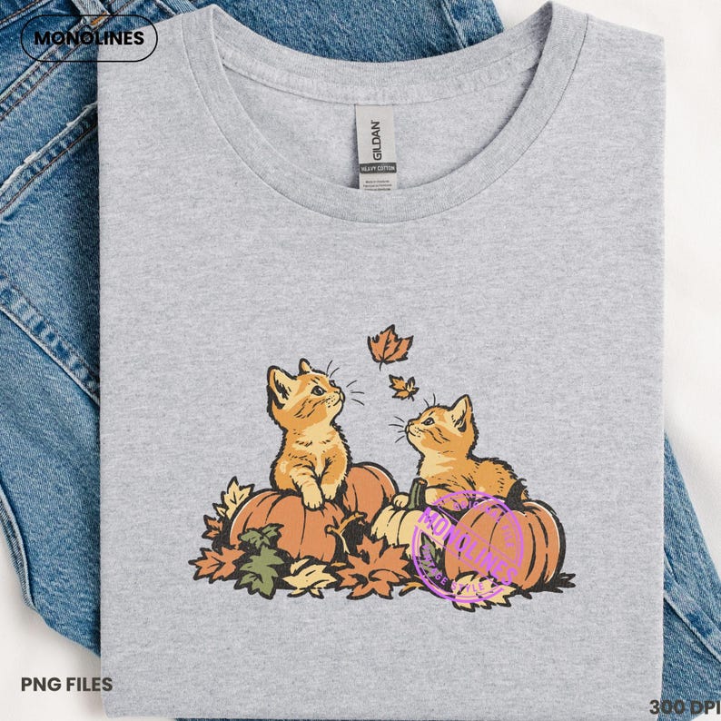 Fall Cat digital illustration with harvest pumpkins and colorful autumn leaves, transparent PNG for creative fall crafting.