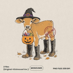 Halloween cow PNG featuring a cute calf wearing a witch hat and rain boots while carrying a jack o lantern candy bucket, perfect for sublimation, apparel printing and digital download.