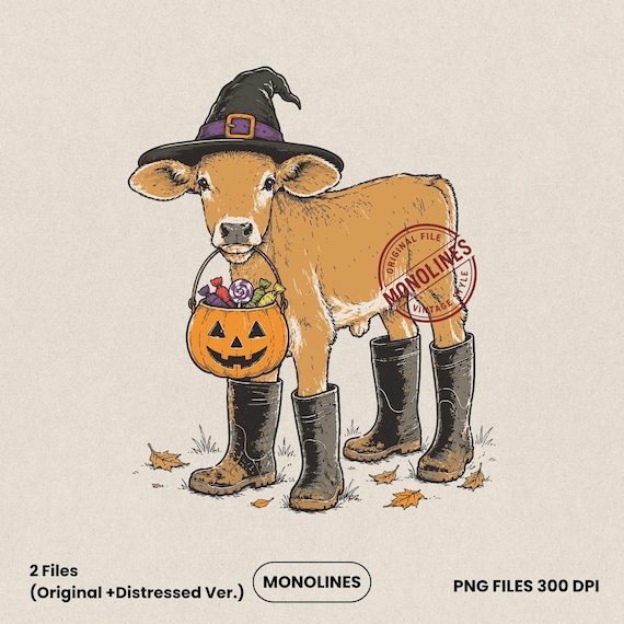 Halloween Cow PNG Cute Witch Calf Clipart, Spooky Farm Animal Illustration, Trick or Treat Digital Download Sublimation