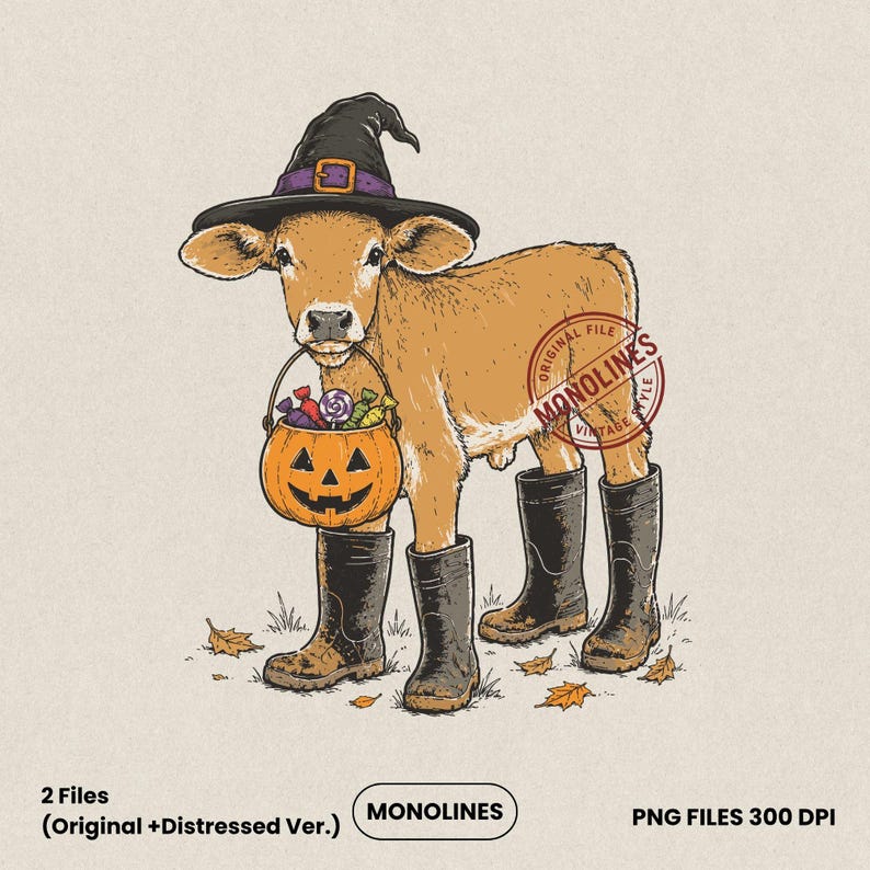 Halloween cow PNG featuring a cute calf wearing a witch hat and rain boots while carrying a jack o lantern candy bucket, perfect for sublimation, apparel printing and digital download.