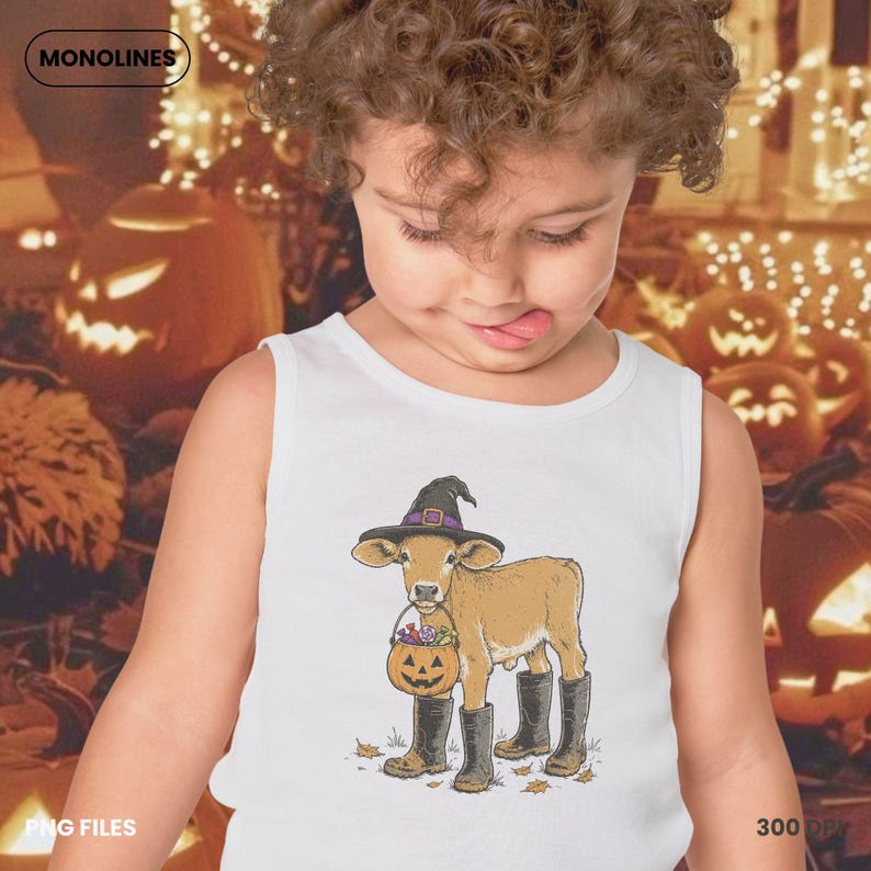 Spooky cow PNG featuring a cute farm calf with Halloween costume, black boots and pumpkin candy bucket in vintage illustration style.