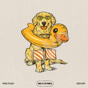 Pode incluir: Ilustração de um golden retriever usando óculos de natação verdes e um anel insuflável amarelo em forma de pato. O cão tem dois retângulos listrados laranja e branco nas patas dianteiras. A palavra "MONOLINES" é impressa no anel e nos retângulos.