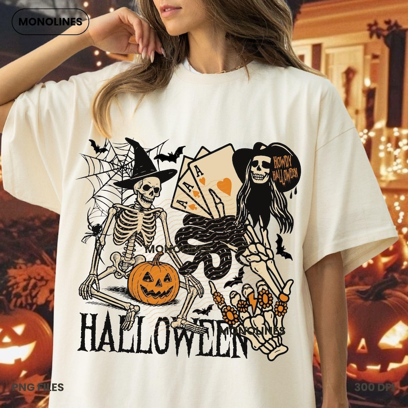 May include: Off-white Halloween-themed t-shirt with a graphic featuring skeletons, playing cards, a jack-o'-lantern, and the word "HALLOWEEN". The design includes bats, a spider web, and the text "HOWDY HALLOWEEN".
