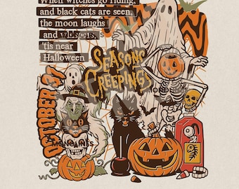 Vintage Halloween Collage PNG, Spooky Witch Ghost Cat Pumpkin Clipart, Retro Trick or Treat Sublimation Design, Creepy Horror Art Digital
