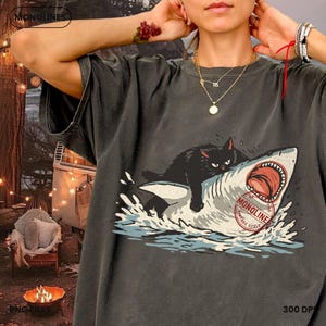 Summer funny cat shark PNG, vintage monoline black cat riding shark illustration, 300 DPI transparent background digital download, instant download tshirt sublimation Cricut sticker and cat lover gift