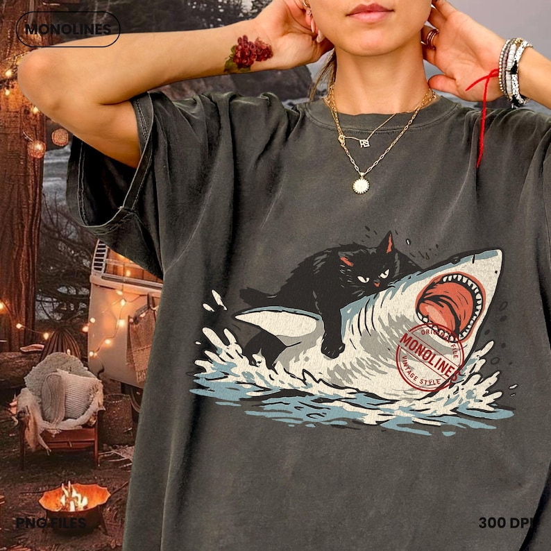 Summer funny cat shark PNG, vintage monoline black cat riding shark illustration, 300 DPI transparent background digital download, instant download tshirt sublimation Cricut sticker and cat lover gift