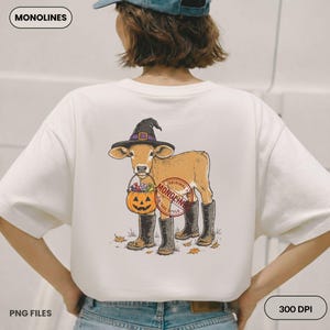 Halloween PNG featuring a farm calf in witch costume with black rain boots and candy bucket for western themed shirts, tote bags and printable gifts.