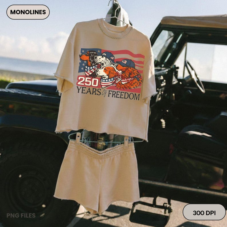 May include: A beige t-shirt and shorts set. The t-shirt displays a graphic of three dogs wearing bandanas and hats in front of an American flag, with the text "250 YEARS OF FREEDOM". The shorts are a matching beige colour.