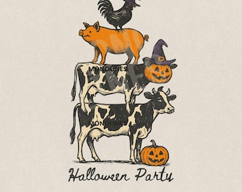 Könnte beinhalten: Eine Halloween-Illustration mit einem Stapel von Nutztieren. Ein Hahn, ein Schwein und eine Kürbis tragende Kuh balancieren auf einer anderen Kuh, mit einem Kürbis und dem Schriftzug "Halloween Party" darunter. Das Bild ist im Vintage-Stil.