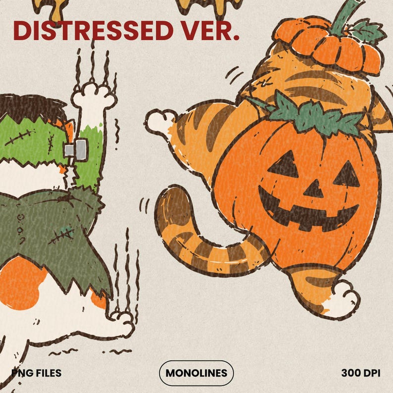 Cute Halloween cat trio illustration featuring pumpkin cat, Frankenstein cat and vampire cat with spooky dripping text, printable PNG digital download for apparel and crafts.