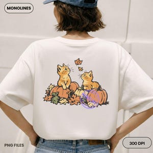Cozy Fall Cat PNG featuring pumpkins, maple leaves and adorable kittens for trendy seasonal apparel designs.