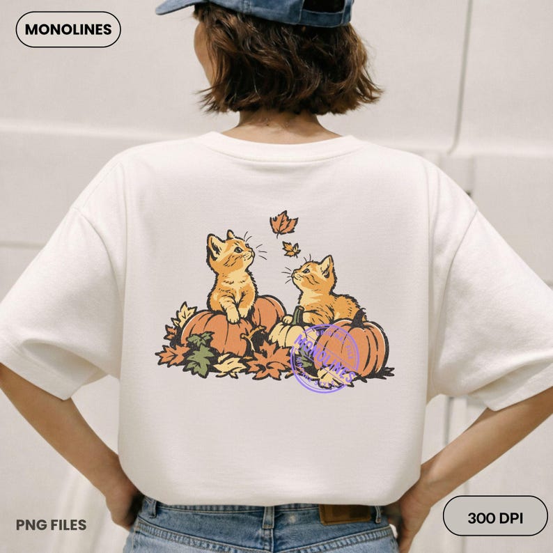 Cozy Fall Cat PNG featuring pumpkins, maple leaves and adorable kittens for trendy seasonal apparel designs.