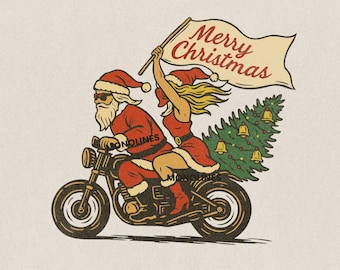 Motocicleta navideña divertida PNG, clipart de motociclista de Papá Noel, camiseta retro navideña de motociclista, Papá Noel vintage en motocicleta con bandera navideña