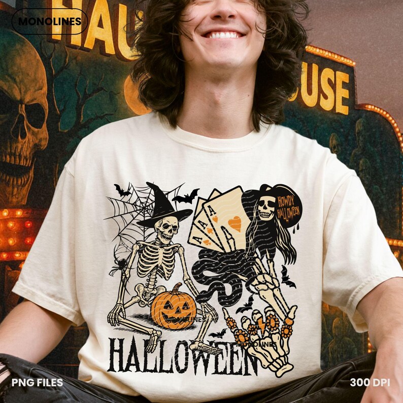 May include: Cream-colored Halloween-themed t-shirt with a graphic featuring skeletons, a pumpkin, playing cards, and bats. The word "HALLOWEEN" is printed in bold letters below the graphic. The shirt also has the text "HOWDY HALLOWEEN".