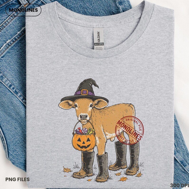 Spooky farm calf PNG with witch hat and Halloween pumpkin bucket in vintage illustration style for stickers, tumblers and apparel printing.