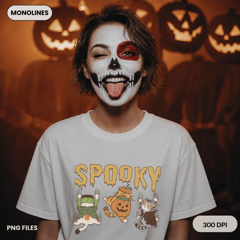 Spooky cat sublimation PNG with funny Halloween kittens wearing costumes and vintage inspired hand drawn artwork on transparent background.