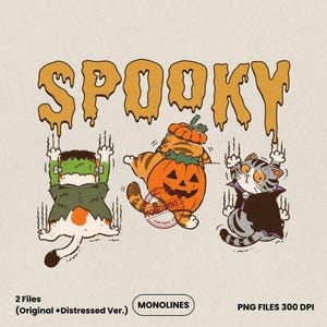 Three funny spooky cats wearing Frankenstein, pumpkin and vampire Halloween costumes under melting Spooky lettering, hand drawn vintage style PNG with transparent background for sublimation and shirts.