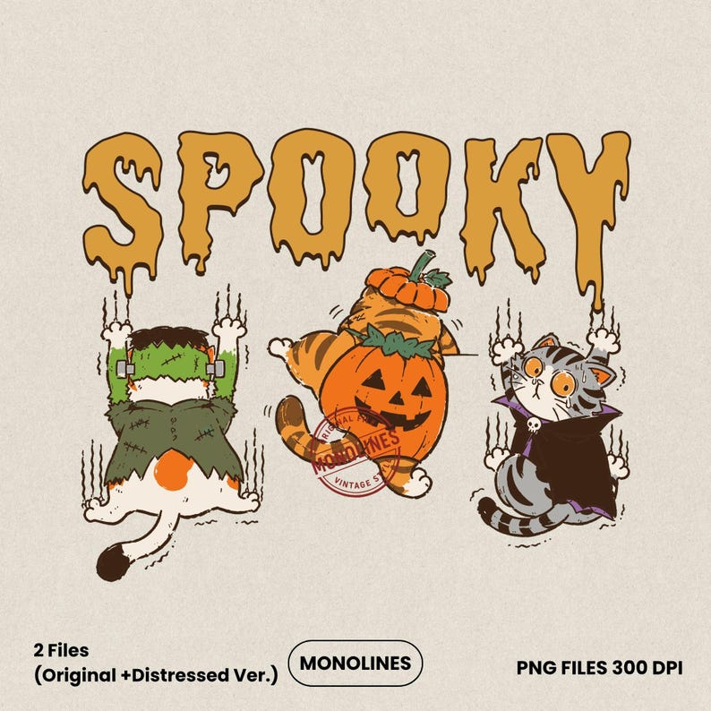 Three funny spooky cats wearing Frankenstein, pumpkin and vampire Halloween costumes under melting Spooky lettering, hand drawn vintage style PNG with transparent background for sublimation and shirts.