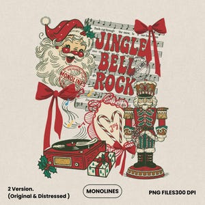 May include: A festive Christmas design featuring Santa Claus, a nutcracker, and musical notes. The image includes the text "Jingle Bell Rock" and a record player. The design is predominantly red and cream, with holly and candy canes.