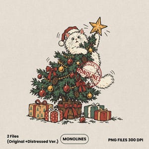Julkatt PNG: Rolig kattunge som klättrar i julgran med tomtehatt, digital nedladdning av vintage kattälskare